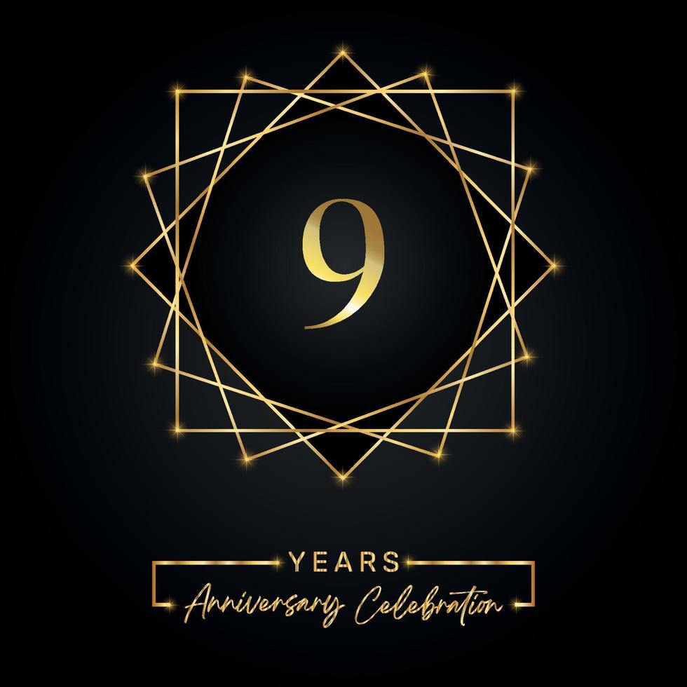 Diseño de celebración de aniversario de 9 años. Logotipo del 9 aniversario con marco dorado aislado sobre fondo negro. diseño vectorial para evento de celebración de aniversario, fiesta de cumpleaños, tarjeta de felicitación. vector