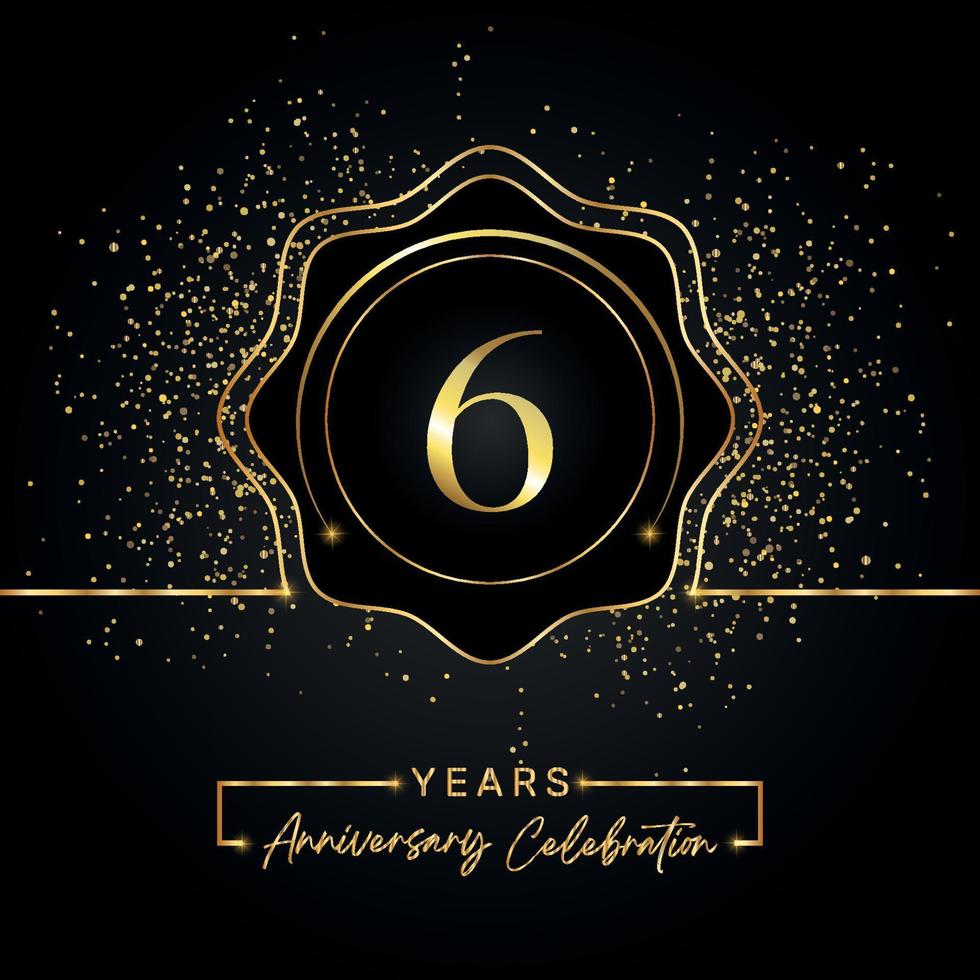 Celebración del aniversario de 6 años con marco de estrella dorada aislado en fondo negro. diseño vectorial para tarjeta de felicitación, fiesta de cumpleaños, boda, fiesta de evento, tarjeta de invitación. Logotipo de aniversario de 6 años. vector