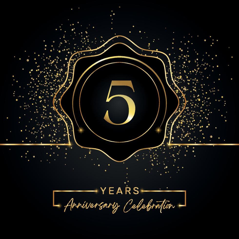 Celebración del aniversario de 5 años con marco de estrella dorada aislado en fondo negro. diseño vectorial para tarjeta de felicitación, fiesta de cumpleaños, boda, fiesta de evento, tarjeta de invitación. Logotipo de aniversario de 5 años. vector