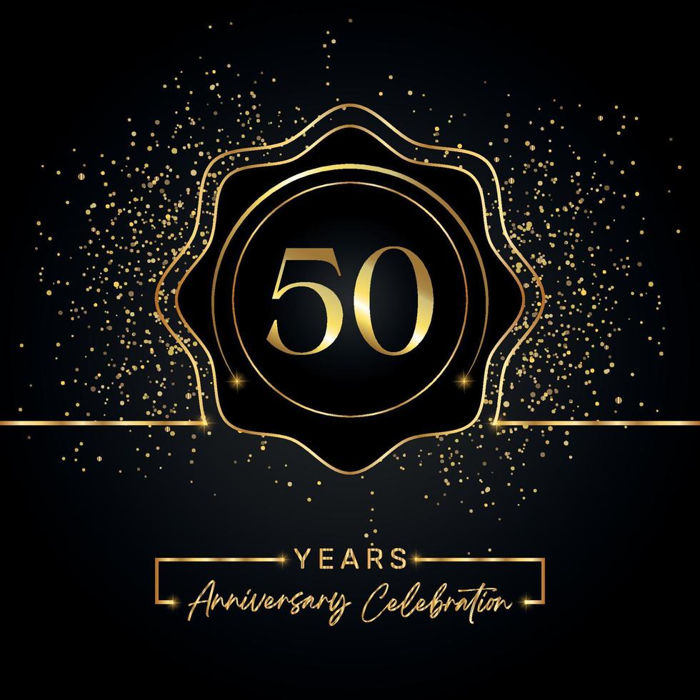 50 years anniversary celebration with golden star frame isolated on black background. Vector design for greeting card, birthday party, wedding, event party, invitation card. 50 years Anniversary logo.