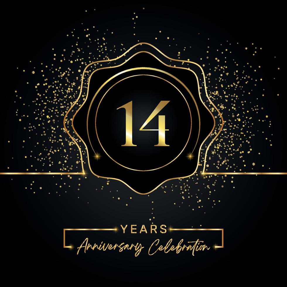 Celebración del aniversario de 14 años con marco de estrella dorada aislado en fondo negro. diseño vectorial para tarjeta de felicitación, fiesta de cumpleaños, boda, fiesta de evento, tarjeta de invitación. Logotipo de aniversario de 14 años. vector