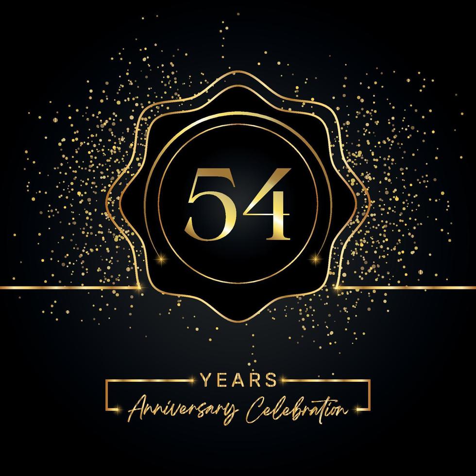 54 years anniversary celebration with golden star frame isolated on black background. Vector design for greeting card, birthday party, wedding, event party, invitation card. 54 years Anniversary logo.