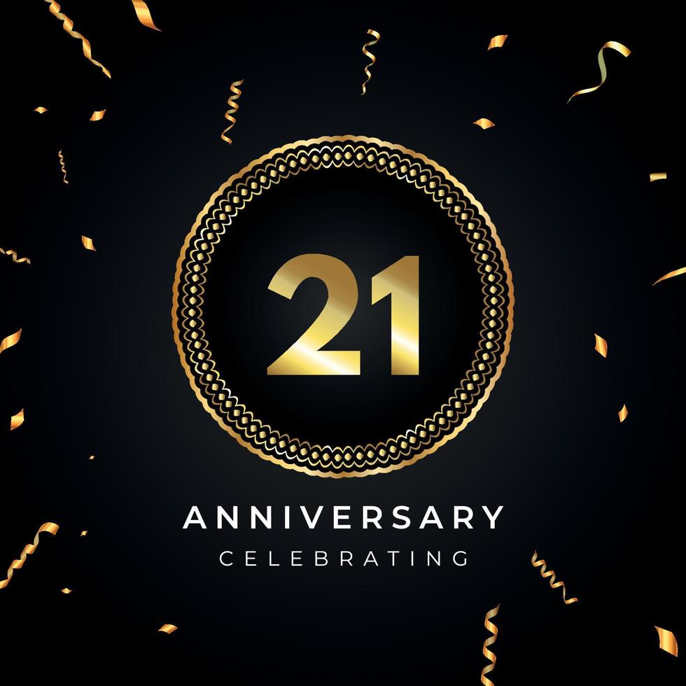 21 years anniversary celebration with circle frame and gold confetti isolated on black background. Vector design for greeting card, birthday party, wedding, event party. 21 years Anniversary logo.
