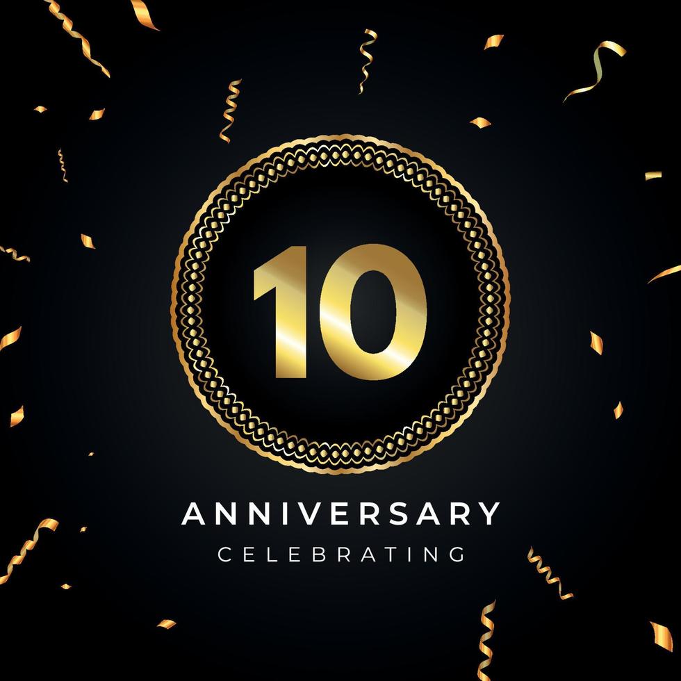 Celebración del aniversario de 10 años con marco circular y confeti dorado aislado en fondo negro. diseño vectorial para tarjetas de felicitación, fiesta de cumpleaños, boda, fiesta de eventos. Logotipo de aniversario de 10 años. vector