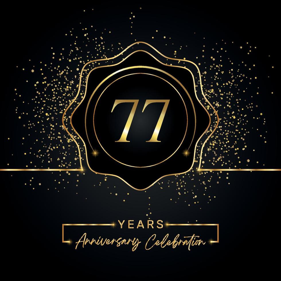 Celebración del aniversario de 77 años con marco de estrella dorada aislado en fondo negro. diseño vectorial para tarjeta de felicitación, fiesta de cumpleaños, boda, fiesta de evento, tarjeta de invitación. Logotipo del aniversario de 77 años. vector
