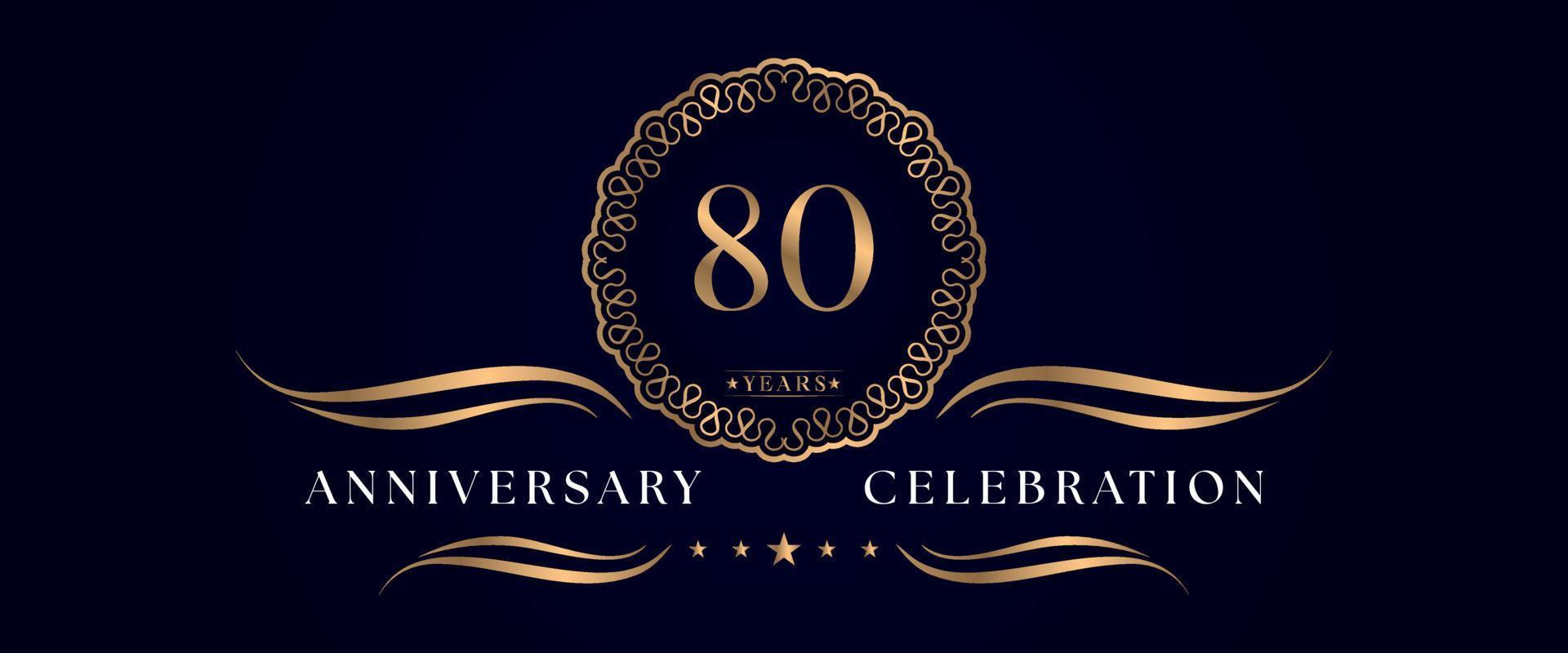 80 years anniversary celebration with elegant circle frame isolated on dark blue background. Vector design for greeting card, birthday party, wedding, event party, ceremony. 80 years Anniversary logo.