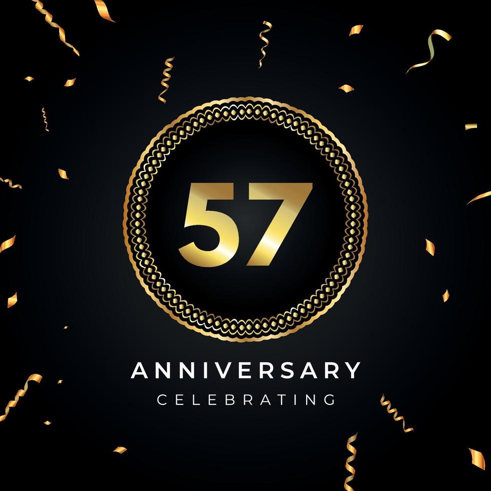57 years anniversary celebration with circle frame and gold confetti isolated on black background. Vector design for greeting card, birthday party, wedding, event party. 57 years Anniversary logo.
