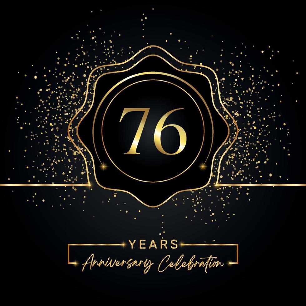 Celebración del aniversario de 76 años con marco de estrella dorada aislado en fondo negro. diseño vectorial para tarjeta de felicitación, fiesta de cumpleaños, boda, fiesta de evento, tarjeta de invitación. Logotipo del aniversario de 76 años. vector