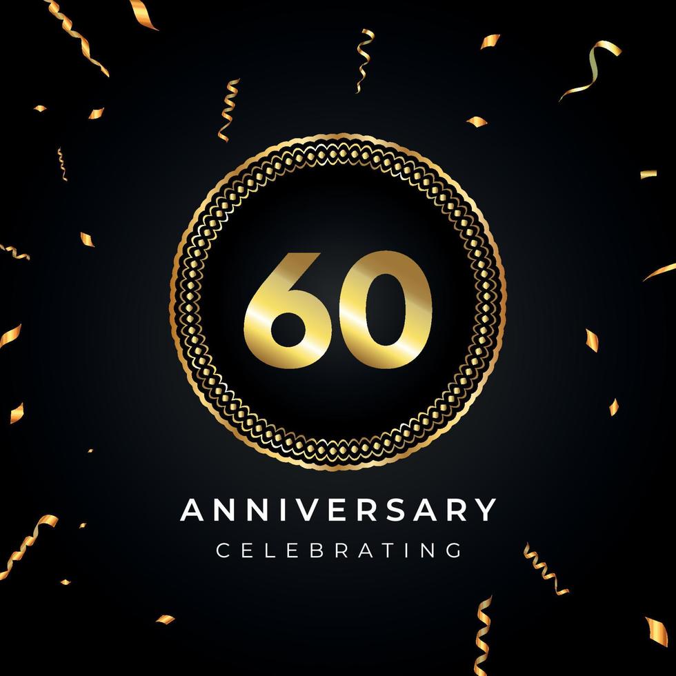 60 years anniversary celebration with circle frame and gold confetti isolated on black background. Vector design for greeting card, birthday party, wedding, event party. 60 years Anniversary logo.