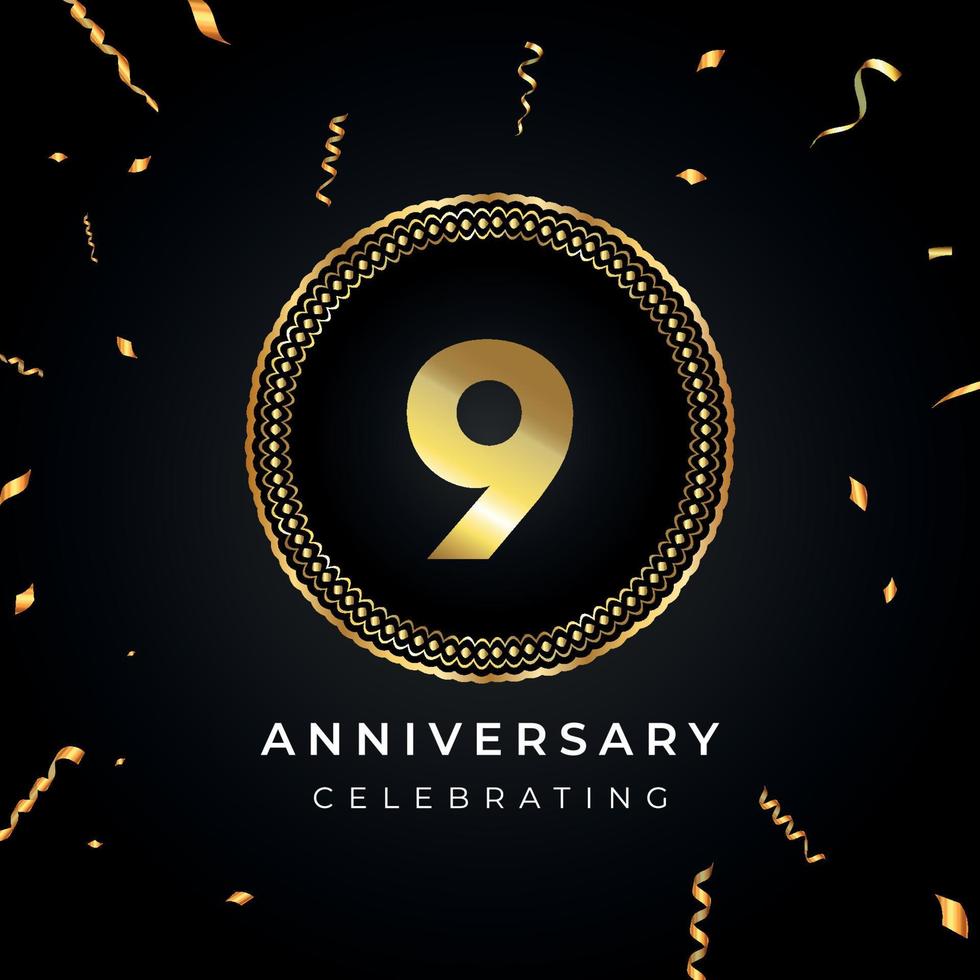 9 years anniversary celebration with circle frame and gold confetti isolated on black background. Vector design for greeting card, birthday party, wedding, event party. 9 years Anniversary logo.