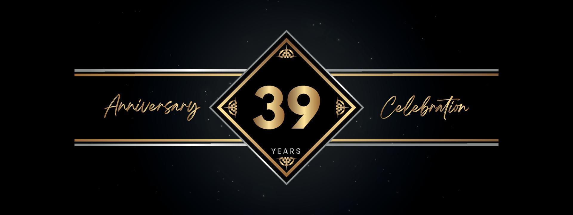 39 años de color dorado de aniversario con marco decorativo aislado en fondo negro para el evento de celebración de aniversario, fiesta de cumpleaños, folleto, tarjeta de felicitación. diseño de plantilla de aniversario de 39 años vector