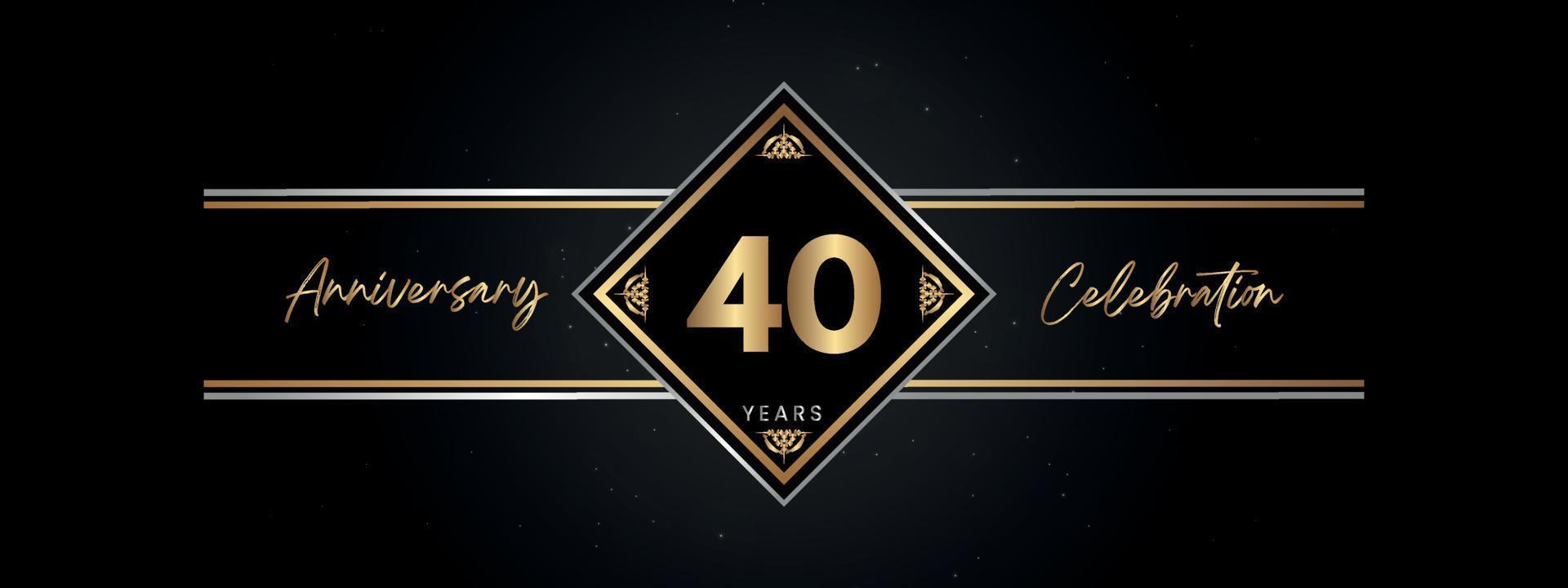 40 años de color dorado de aniversario con marco decorativo aislado en fondo negro para el evento de celebración de aniversario, fiesta de cumpleaños, folleto, tarjeta de felicitación. diseño de plantilla de aniversario de 40 años vector