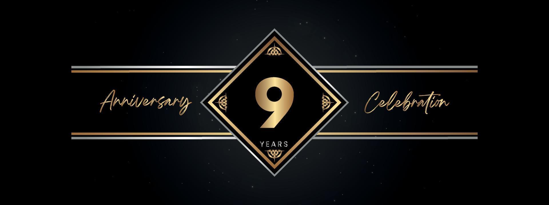 9 años de color dorado de aniversario con marco decorativo aislado en fondo negro para el evento de celebración de aniversario, fiesta de cumpleaños, folleto, tarjeta de felicitación. diseño de plantilla de aniversario de 9 años vector