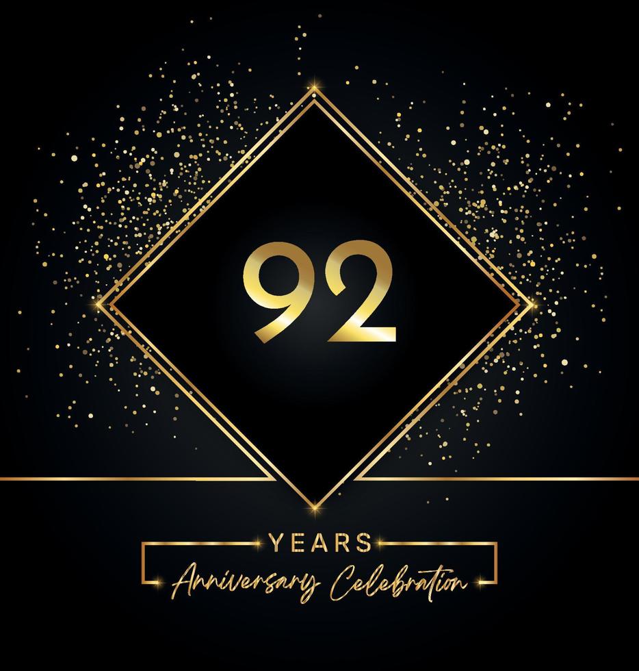 Celebración del aniversario de 92 años con marco dorado y brillo dorado sobre fondo negro. diseño vectorial para tarjetas de felicitación, fiesta de cumpleaños, boda, fiesta de eventos, invitación. Logotipo de aniversario de 92 años. vector