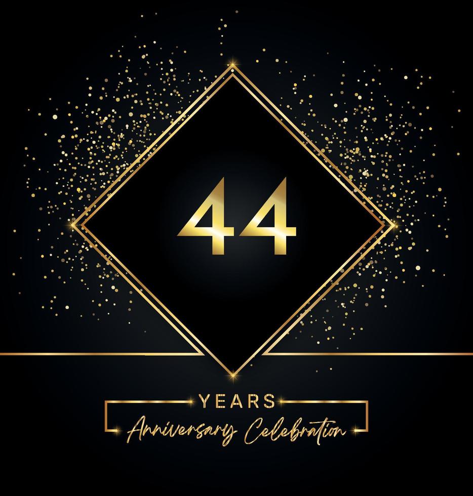 Celebración del aniversario de 44 años con marco dorado y brillo dorado sobre fondo negro. diseño vectorial para tarjetas de felicitación, fiesta de cumpleaños, boda, fiesta de eventos, invitación. Logotipo de aniversario de 44 años. vector