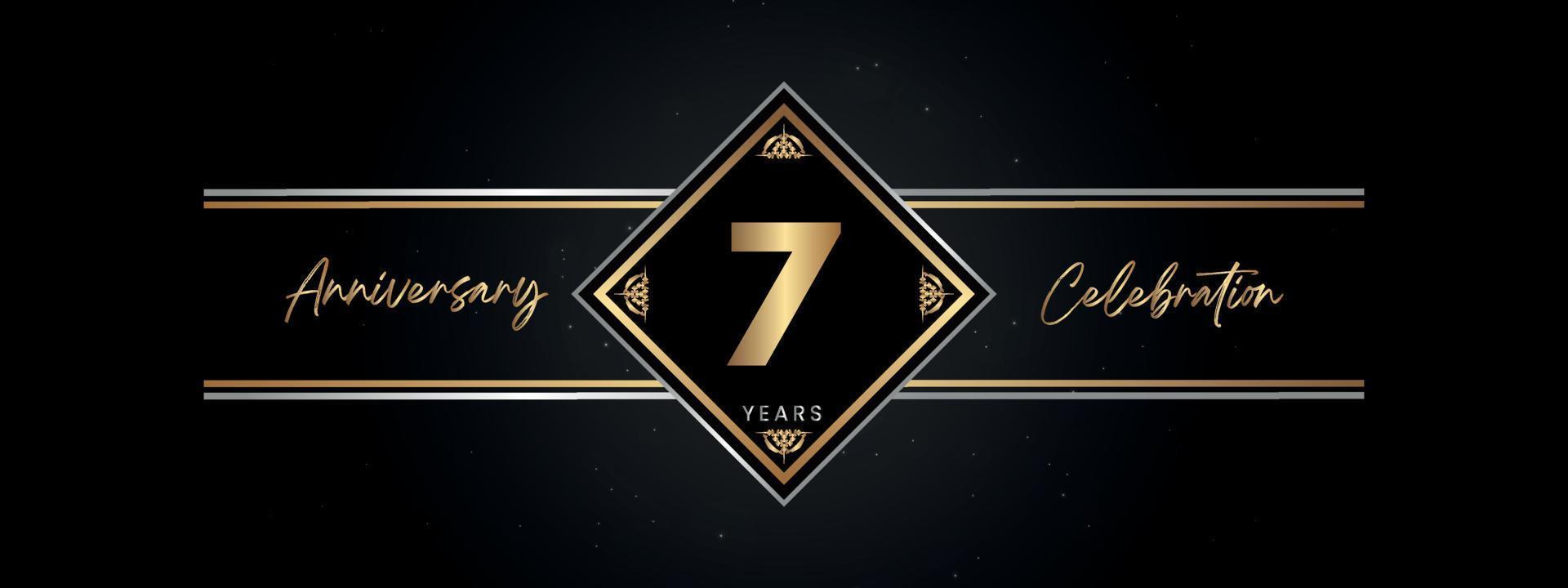 7 años de color dorado de aniversario con marco decorativo aislado en fondo negro para el evento de celebración de aniversario, fiesta de cumpleaños, folleto, tarjeta de felicitación. diseño de plantilla de aniversario de 7 años vector