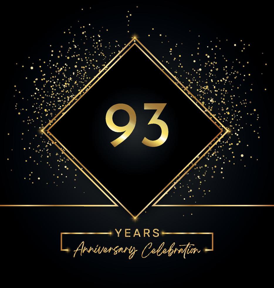 93 years anniversary celebration with golden frame and gold glitter on black background. Vector design for greeting card, birthday party, wedding, event party, invitation. 93 years Anniversary logo.