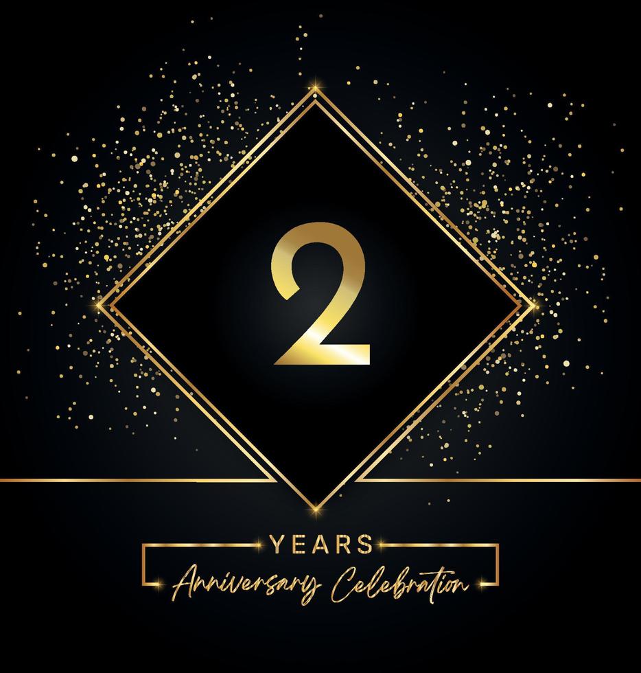 2 years anniversary celebration with golden frame and gold glitter on black background. Vector design for greeting card, birthday party, wedding, event party, invitation. 2 years Anniversary logo.