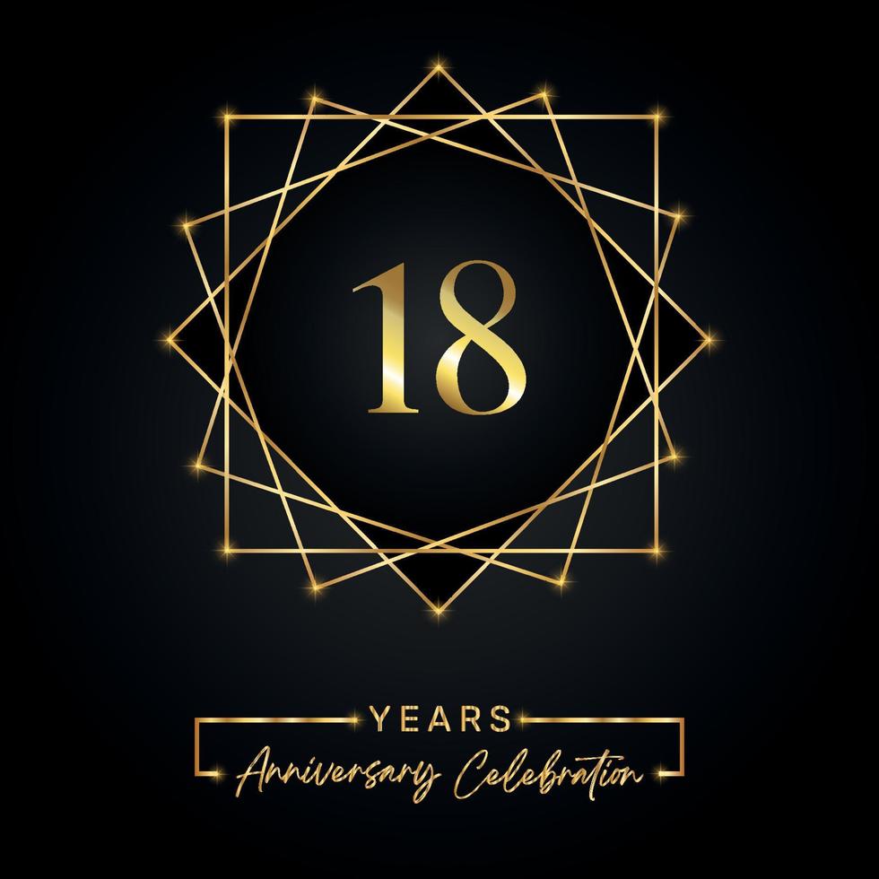 Diseño de celebración de aniversario de 18 años. Logotipo del 18 aniversario con marco dorado aislado sobre fondo negro. diseño vectorial para evento de celebración de aniversario, fiesta de cumpleaños, tarjeta de felicitación. vector