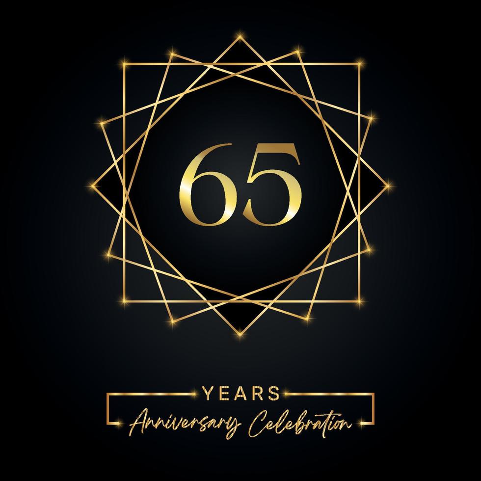 Diseño de celebración de aniversario de 65 años. Logotipo del 65 aniversario con marco dorado aislado sobre fondo negro. diseño vectorial para evento de celebración de aniversario, fiesta de cumpleaños, tarjeta de felicitación. vector