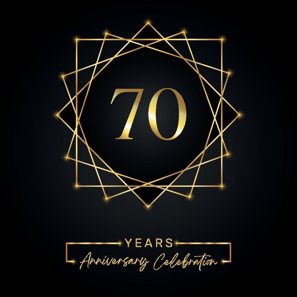 70 years Anniversary Celebration Design. 70 anniversary logo with golden frame isolated on black background. Vector design for anniversary celebration event, birthday party, greeting card.