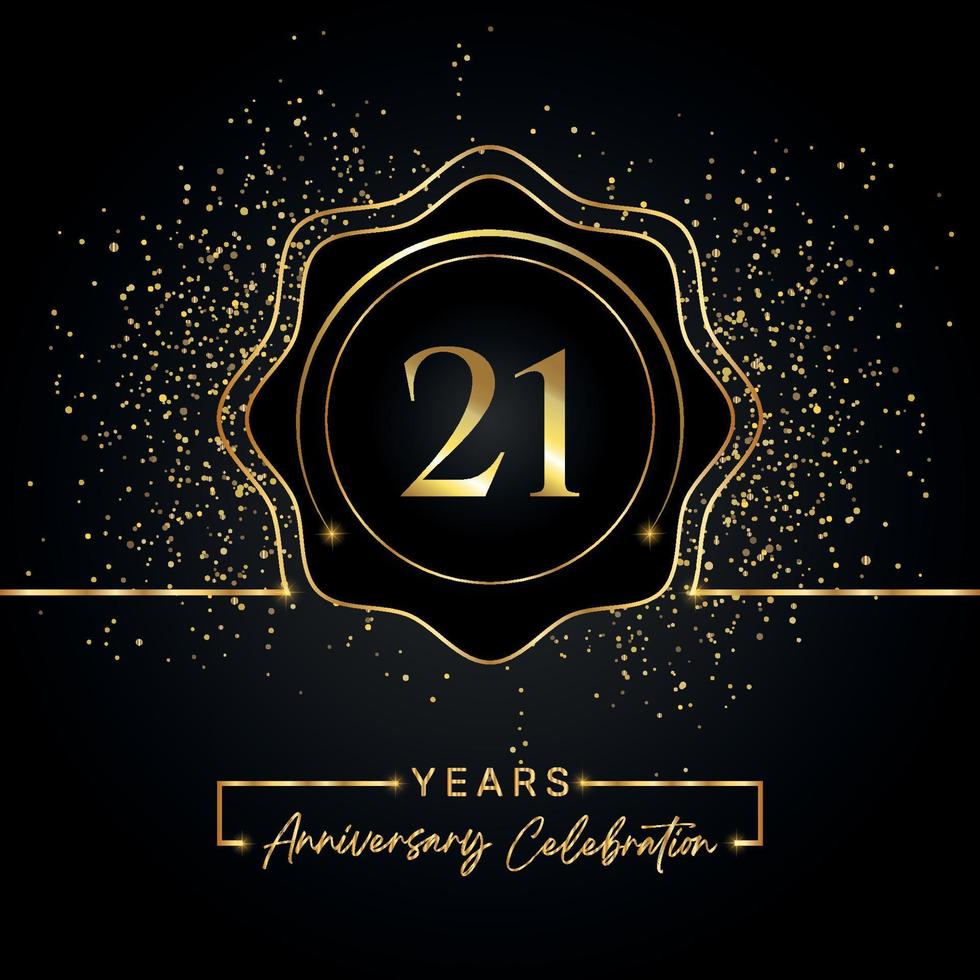 Celebración del aniversario de 21 años con marco de estrella dorada aislado en fondo negro. diseño vectorial para tarjeta de felicitación, fiesta de cumpleaños, boda, fiesta de evento, tarjeta de invitación. Logotipo de aniversario de 21 años. vector