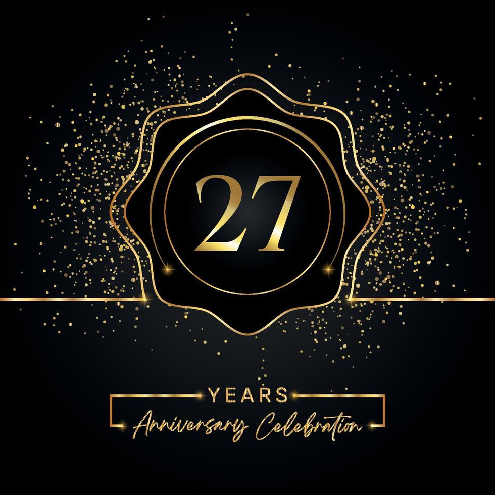 27 years anniversary celebration with golden star frame isolated on black background. Vector design for greeting card, birthday party, wedding, event party, invitation card. 27 years Anniversary logo.