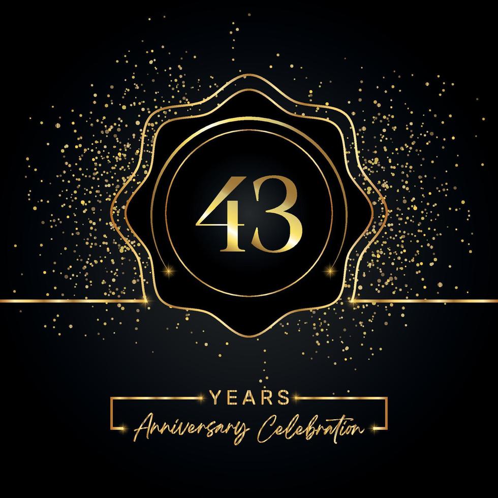 43 years anniversary celebration with golden star frame isolated on black background. Vector design for greeting card, birthday party, wedding, event party, invitation card. 43 years Anniversary logo.