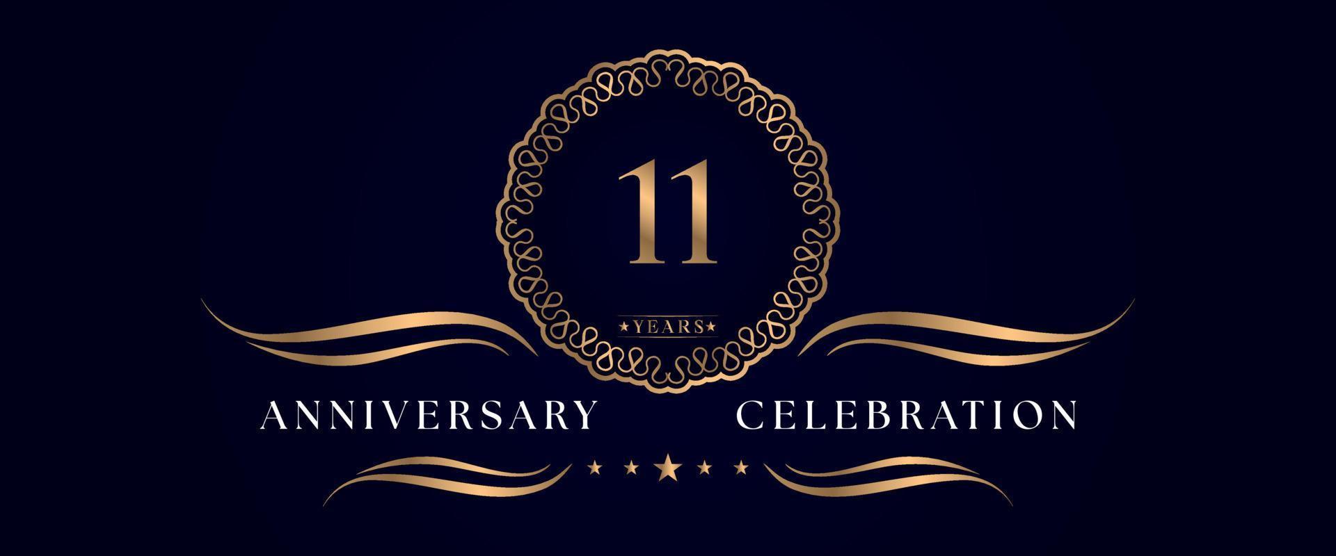 11 years anniversary celebration with elegant circle frame isolated on dark blue background. Vector design for greeting card, birthday party, wedding, event party, ceremony. 11 years Anniversary logo.