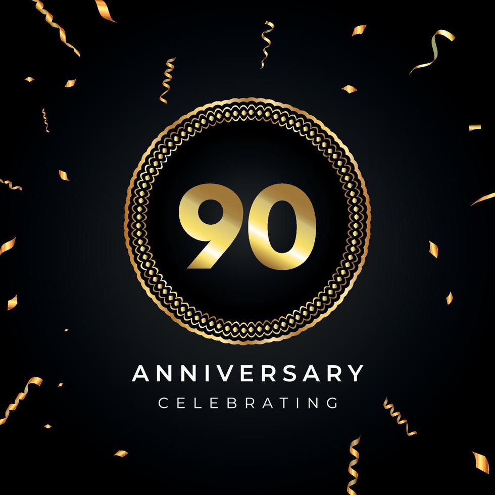 Celebración del aniversario de 90 años con marco circular y confeti dorado aislado en fondo negro. diseño vectorial para tarjetas de felicitación, fiesta de cumpleaños, boda, fiesta de eventos. Logotipo de aniversario de 90 años. vector