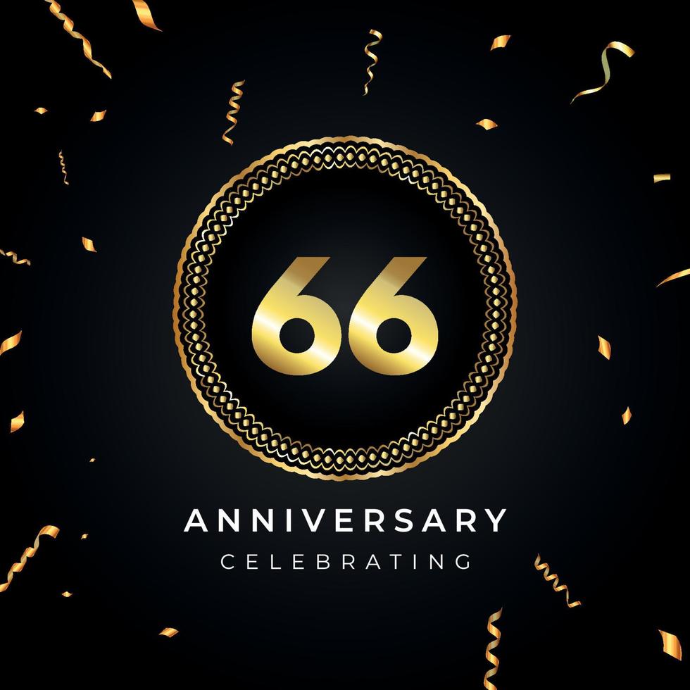 66 years anniversary celebration with circle frame and gold confetti isolated on black background. Vector design for greeting card, birthday party, wedding, event party. 66 years Anniversary logo.
