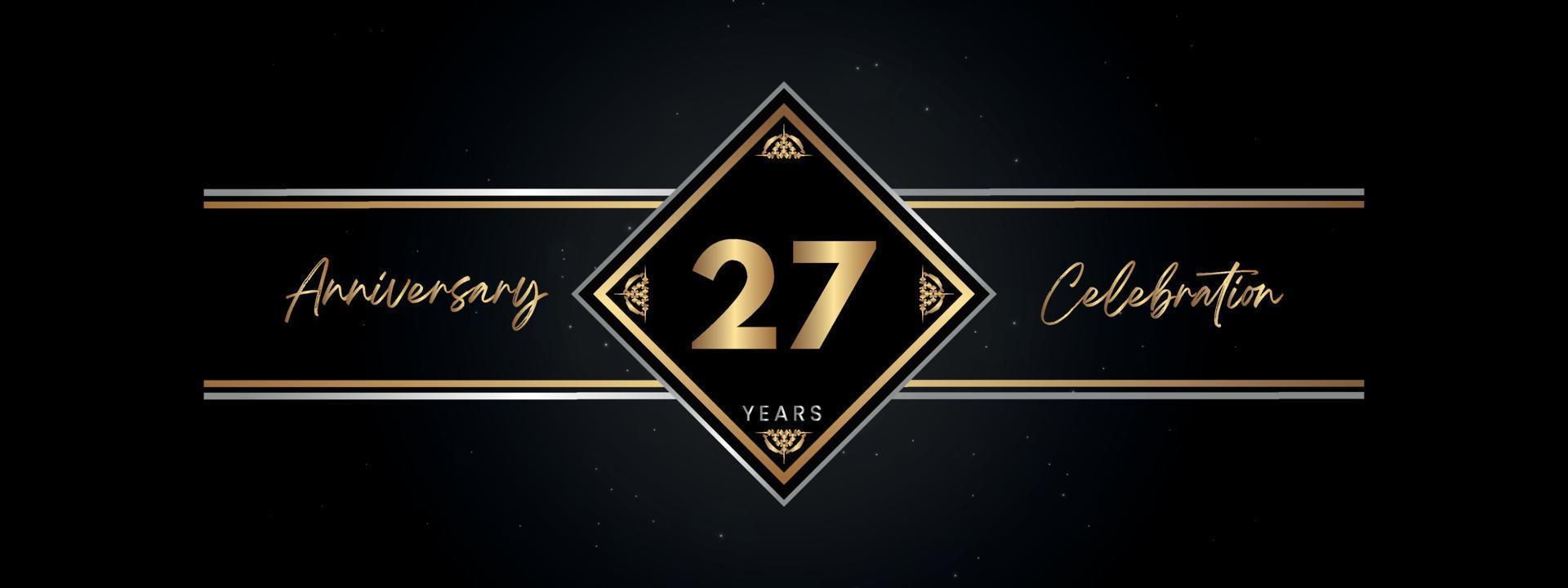 27 años de color dorado de aniversario con marco decorativo aislado en fondo negro para el evento de celebración de aniversario, fiesta de cumpleaños, folleto, tarjeta de felicitación. diseño de plantilla de aniversario de 27 años vector