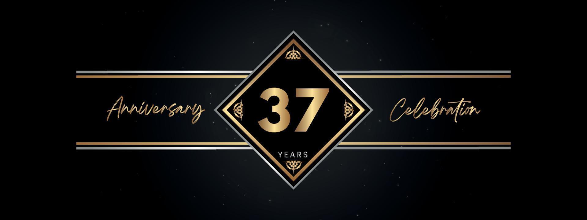 Color dorado de aniversario de 37 años con marco decorativo aislado en fondo negro para evento de celebración de aniversario, fiesta de cumpleaños, folleto, tarjeta de saludo. diseño de plantilla de aniversario de 37 años vector