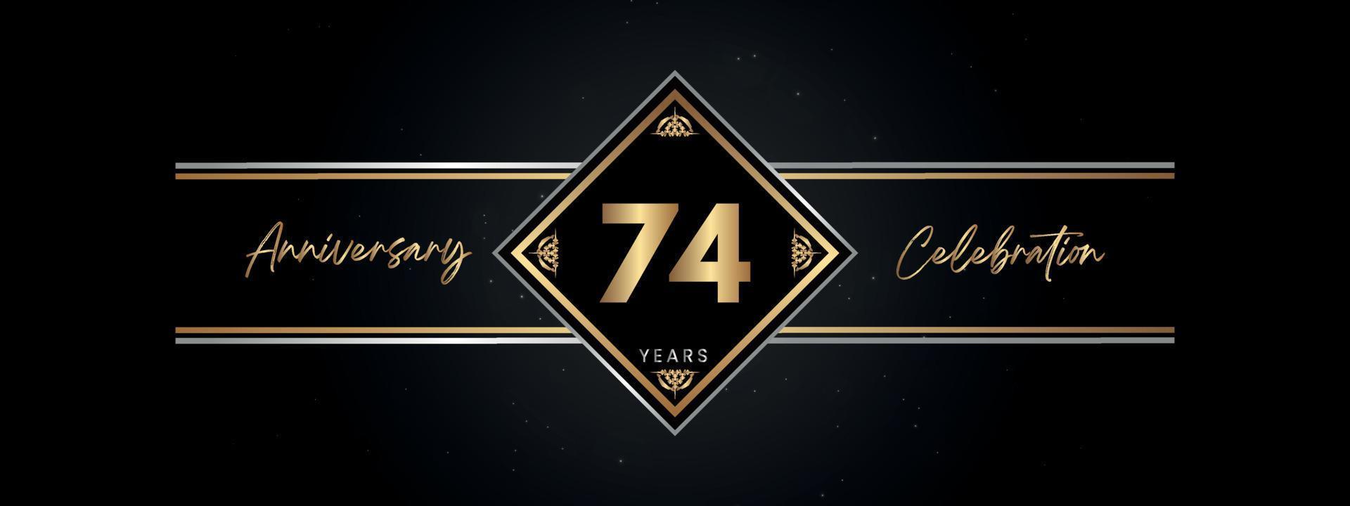 Color dorado de aniversario de 74 años con marco decorativo aislado en fondo negro para evento de celebración de aniversario, fiesta de cumpleaños, folleto, tarjeta de felicitación. diseño de plantilla de aniversario de 74 años vector