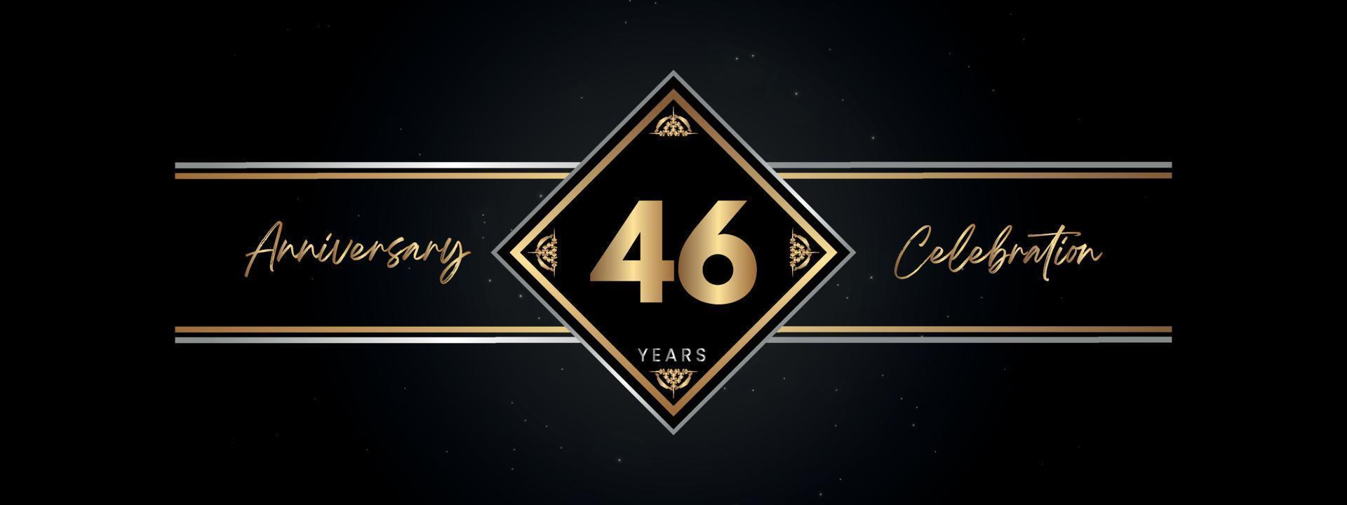 46 años de color dorado de aniversario con marco decorativo aislado en fondo negro para el evento de celebración de aniversario, fiesta de cumpleaños, folleto, tarjeta de felicitación. diseño de plantilla de aniversario de 46 años vector