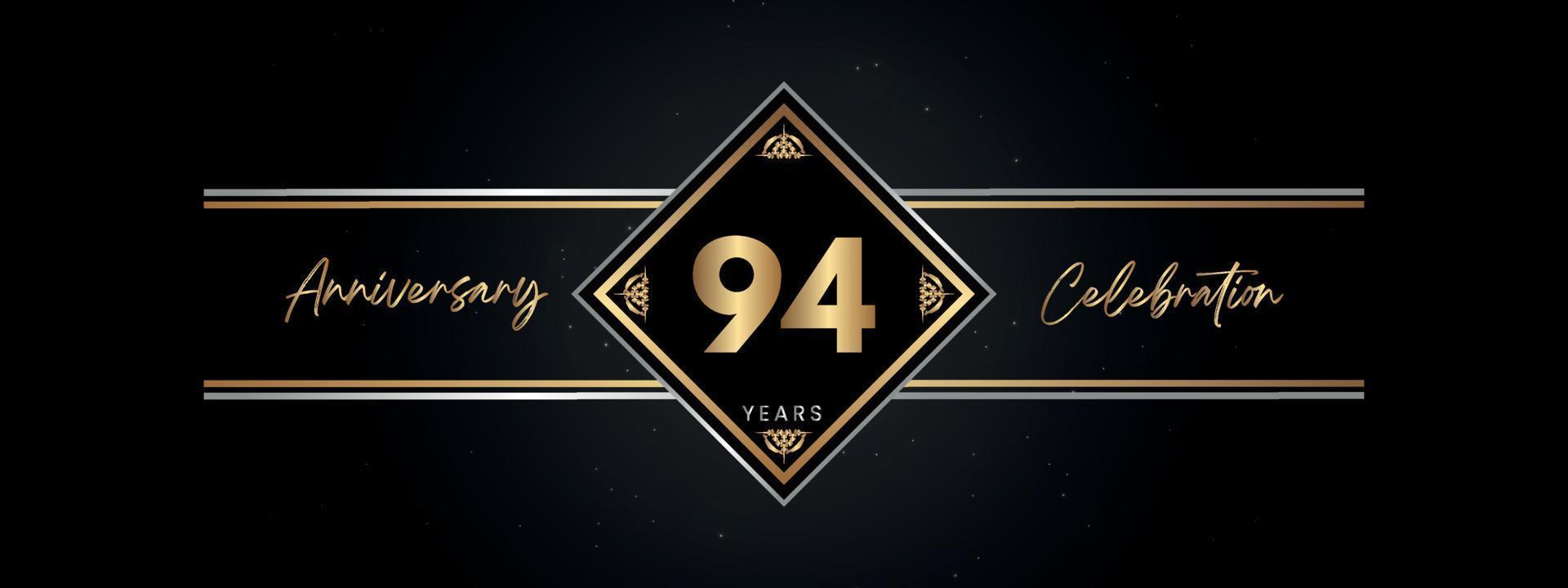 Color dorado de aniversario de 94 años con marco decorativo aislado en fondo negro para evento de celebración de aniversario, fiesta de cumpleaños, folleto, tarjeta de felicitación. diseño de plantilla de aniversario de 94 años vector