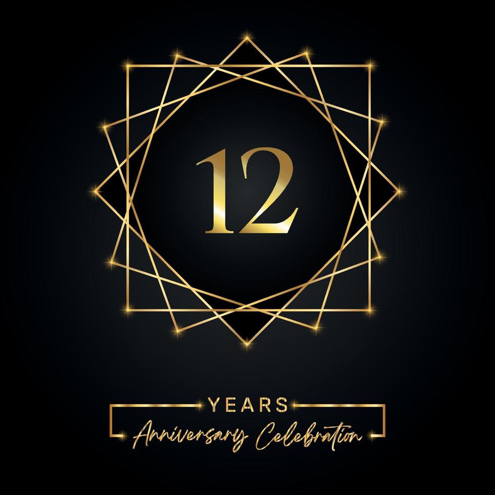 12 years Anniversary Celebration Design. 12 anniversary logo with golden frame isolated on black background. Vector design for anniversary celebration event, birthday party, greeting card.