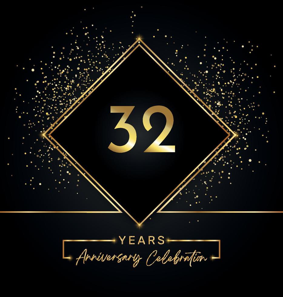 32 years anniversary celebration with golden frame and gold glitter on black background. Vector design for greeting card, birthday party, wedding, event party, invitation. 32 years Anniversary logo.