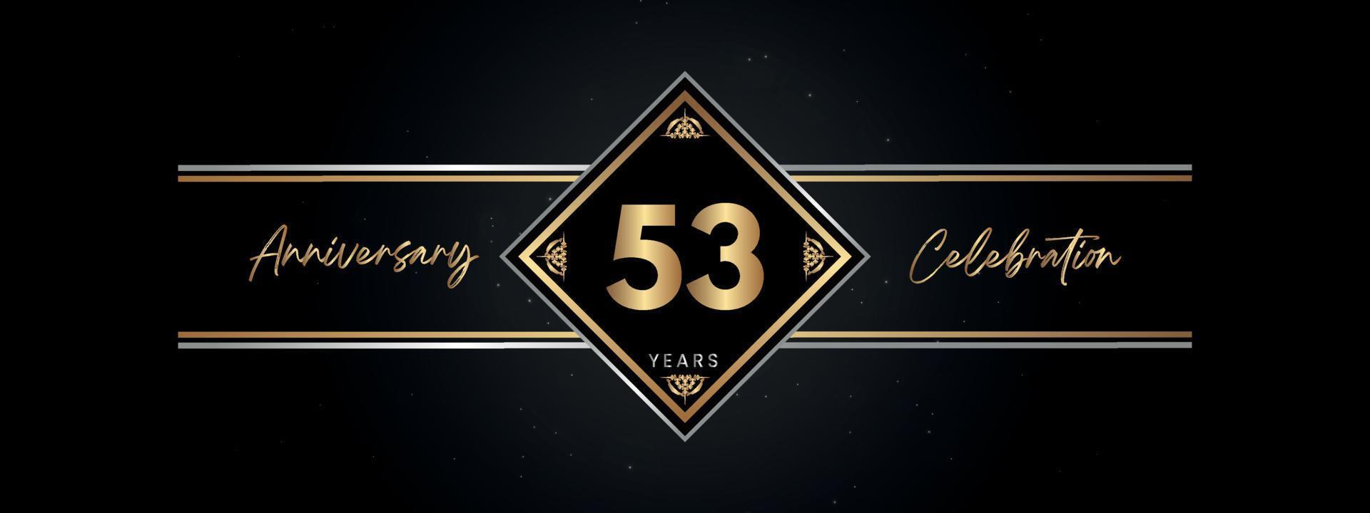 53 años de color dorado de aniversario con marco decorativo aislado en fondo negro para el evento de celebración de aniversario, fiesta de cumpleaños, folleto, tarjeta de felicitación. diseño de plantilla de aniversario de 53 años vector