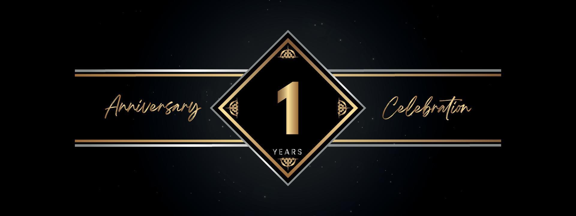 1 years anniversary golden color with decorative frame isolated on black background for anniversary celebration event, birthday party, brochure, greeting card. 1 Year Anniversary Template Design vector