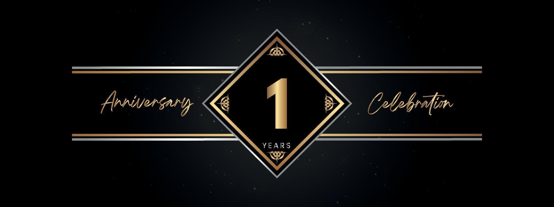 Color dorado de 1 año con marco decorativo aislado en fondo negro para evento de celebración de aniversario, fiesta de cumpleaños, folleto, tarjeta de felicitación. diseño de plantilla de aniversario de 1 año vector