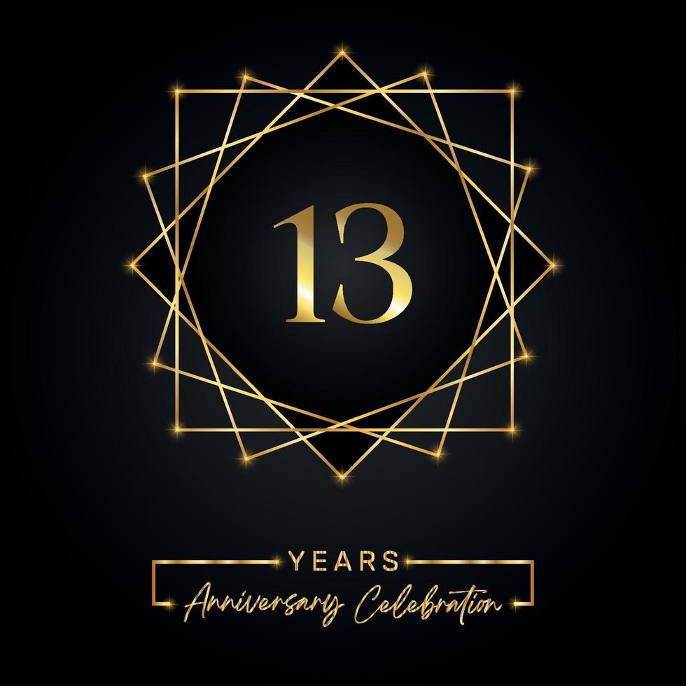 13 years Anniversary Celebration Design. 13 anniversary logo with golden frame isolated on black background. Vector design for anniversary celebration event, birthday party, greeting card.