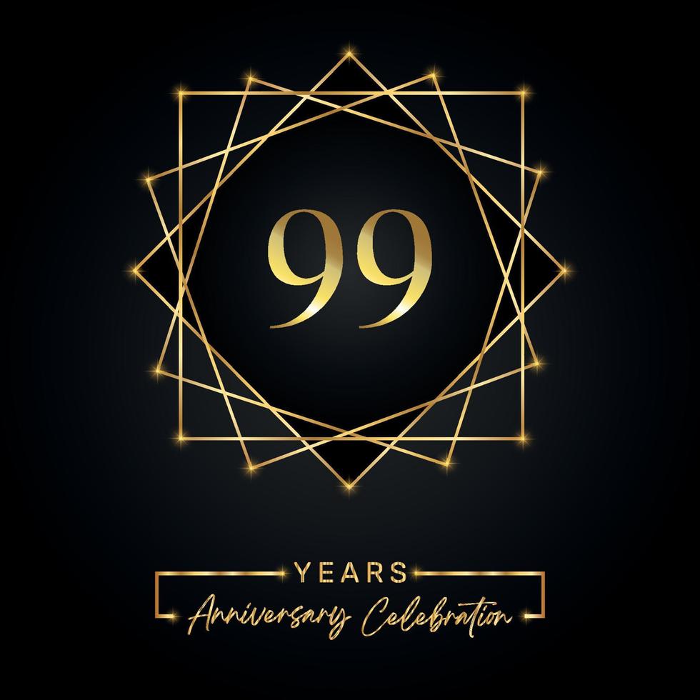 Diseño de celebración de aniversario de 99 años. Logotipo del 99 aniversario con marco dorado aislado en fondo negro. diseño vectorial para evento de celebración de aniversario, fiesta de cumpleaños, tarjeta de felicitación. vector