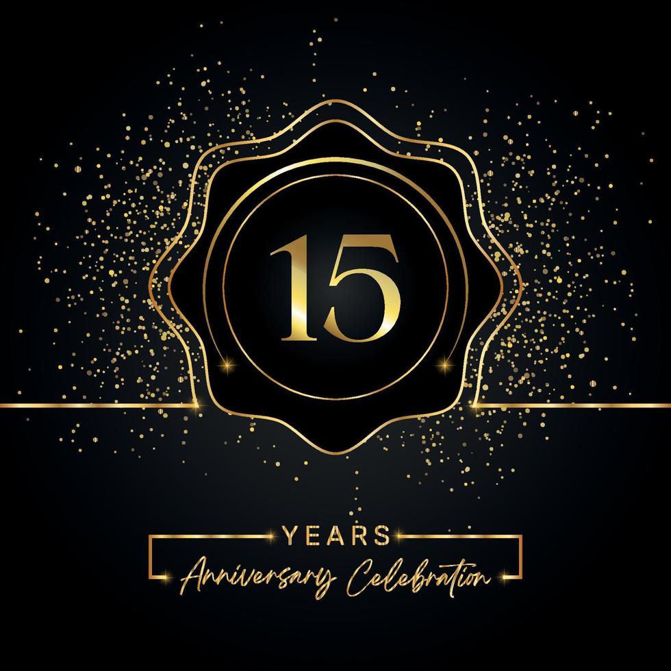 15 years anniversary celebration with golden star frame isolated on black background. Vector design for greeting card, birthday party, wedding, event party, invitation card. 15 years Anniversary logo.