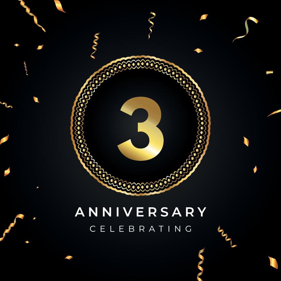 3 years anniversary celebration with circle frame and gold confetti isolated on black background. Vector design for greeting card, birthday party, wedding, event party. 3 years Anniversary logo.