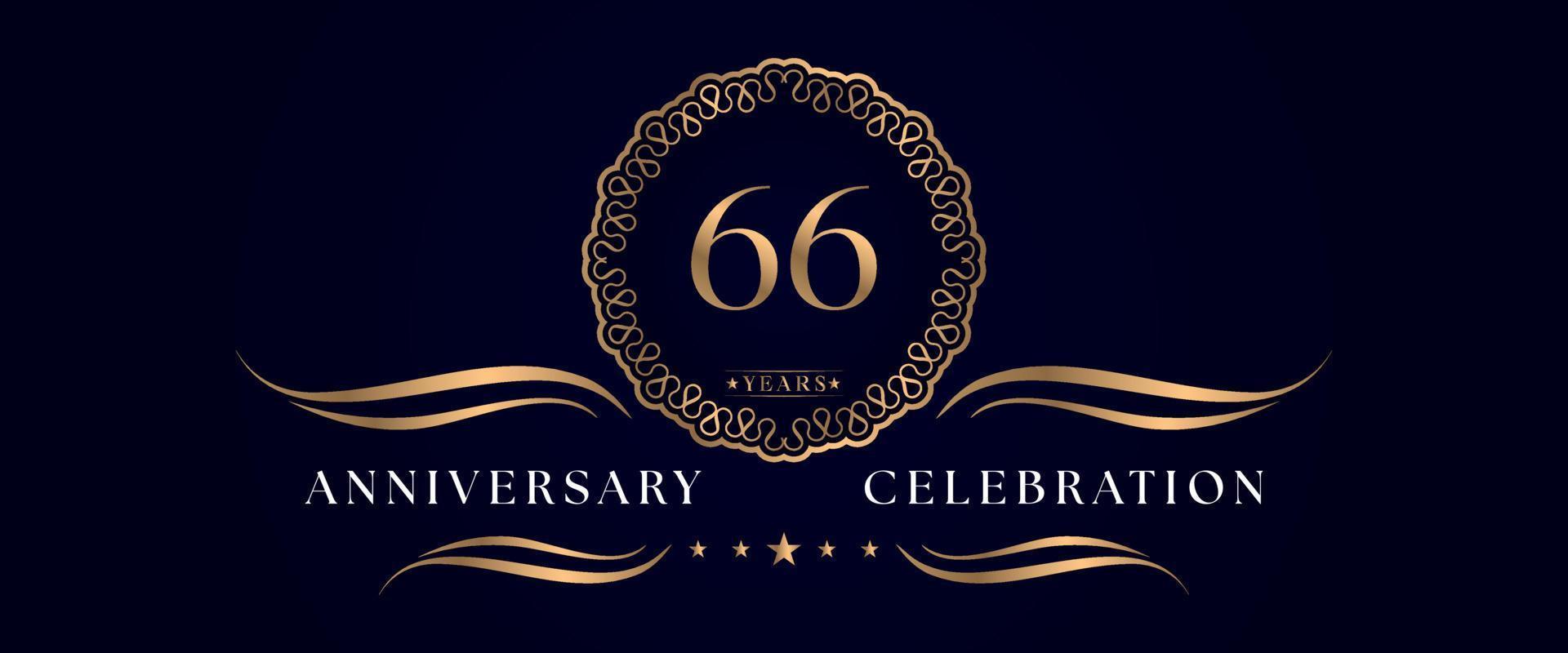 66 years anniversary celebration with elegant circle frame isolated on dark blue background. Vector design for greeting card, birthday party, wedding, event party, ceremony. 66 years Anniversary logo.