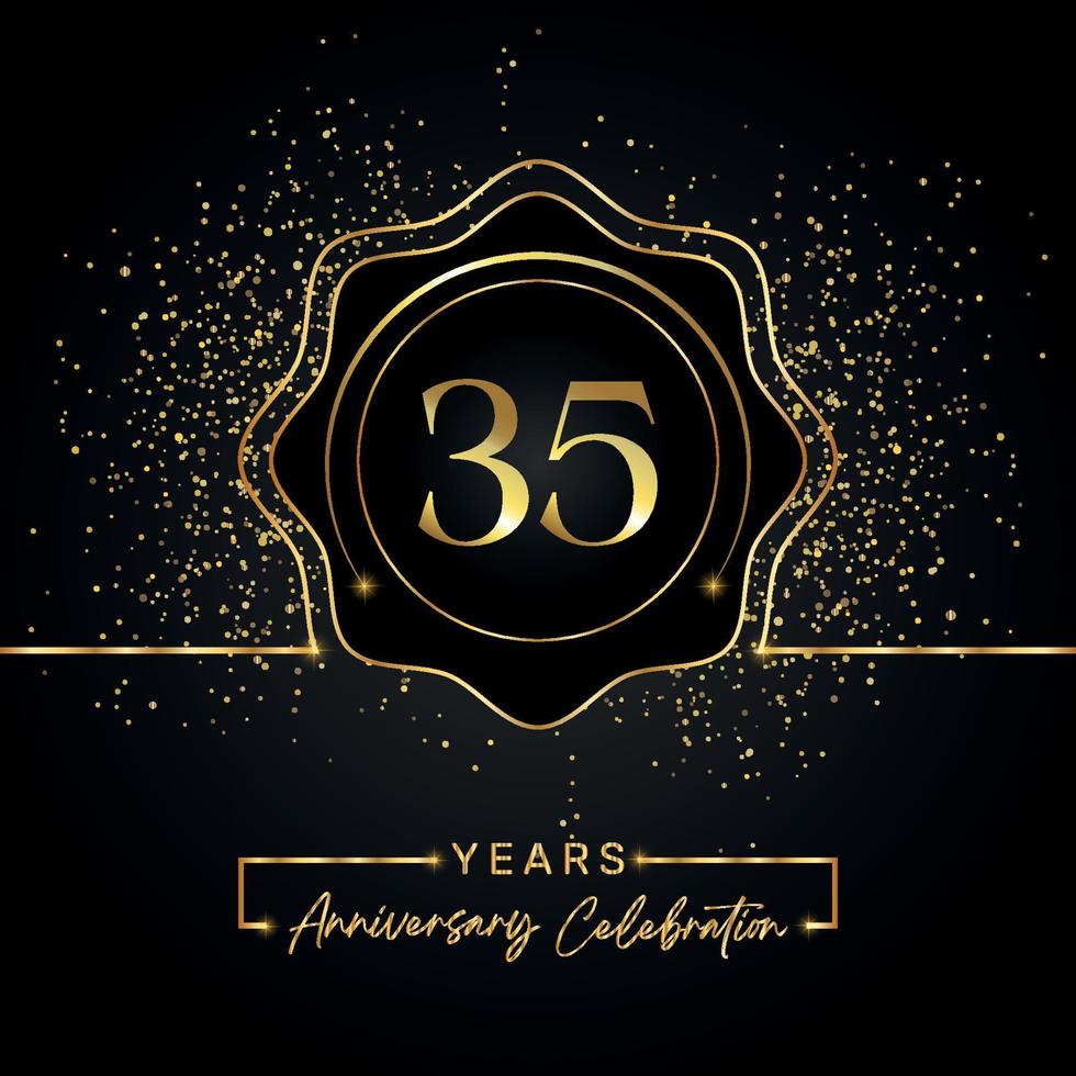 Celebración del aniversario de 35 años con marco de estrella dorada aislado en fondo negro. diseño vectorial para tarjeta de felicitación, fiesta de cumpleaños, boda, fiesta de evento, tarjeta de invitación. Logotipo de aniversario de 35 años. vector