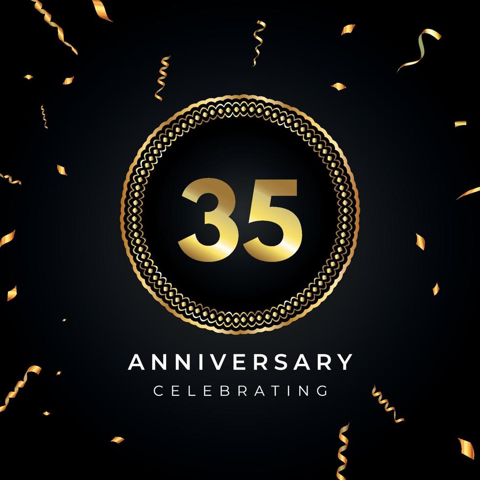 35 years anniversary celebration with circle frame and gold confetti isolated on black background. Vector design for greeting card, birthday party, wedding, event party. 35 years Anniversary logo.