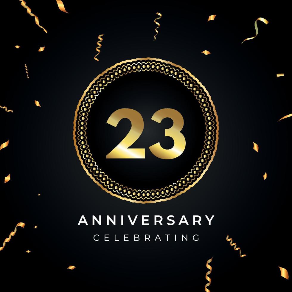 23 years anniversary celebration with circle frame and gold confetti isolated on black background. Vector design for greeting card, birthday party, wedding, event party. 23 years Anniversary logo.