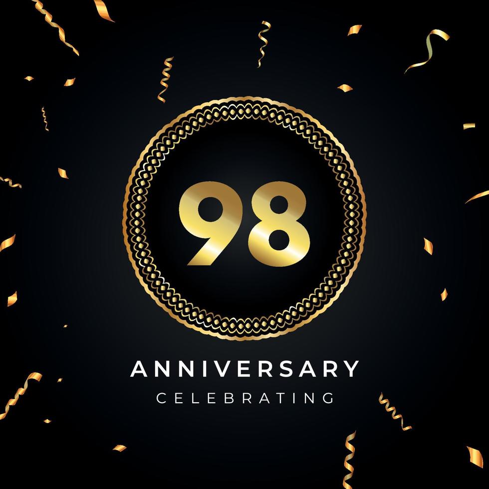 98 years anniversary celebration with circle frame and gold confetti isolated on black background. Vector design for greeting card, birthday party, wedding, event party. 98 years Anniversary logo.